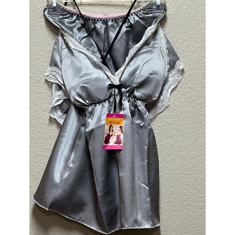 Thuy Lan Silver Satin Lace Y2K Lingerie Set Cami and Shorts Sleepwear 2pc NWT